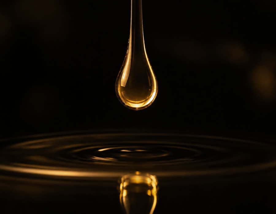 Macro de una gota de sérum dorado cayendo sobre su propia onda